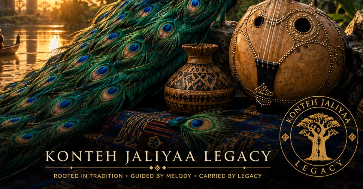 Konteh Jaliyaa Legacy banner with ocean blue peacock-inspired colours and a kora